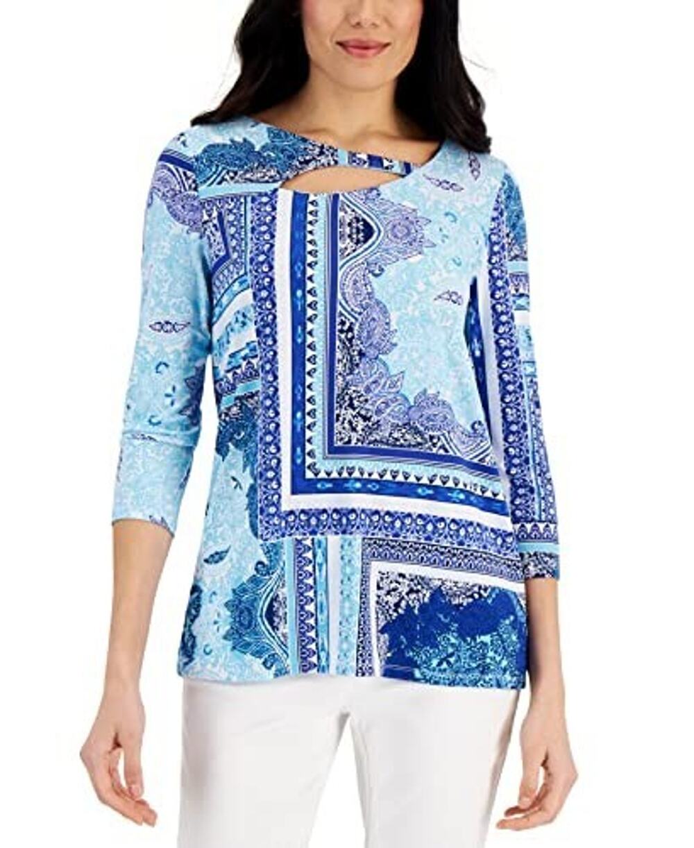 Jill McLaughlin Women's Paisley Patchwork Print Cutout Detail at Neck XL Blue